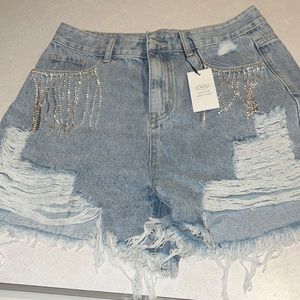 CIDER ripped jeans shorts with diamond tassels